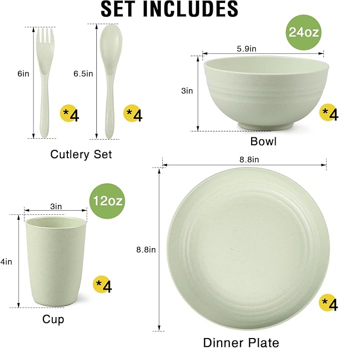 Shopwithgreen Wheat Straw Dinnerware Sets for 4, 20 PCS Unbreakable Plates and Bowls Sets, Reusable Dinner Dishes Set, Bowls, Cups, Plates for Camping, Kitchen, RV, Dorm, Dishwasher Microwave Safe