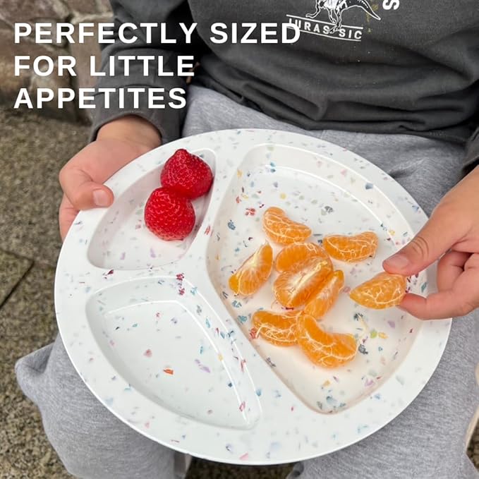 Bzyoo 9-Inch Melamine Divided Plates – 3-Section Portion Control Plates, Food Safe & Durable, Lightweight & Unbreakable, Reusable Tableware for Kids, Big Kids & Everyday Meals, Confetti White