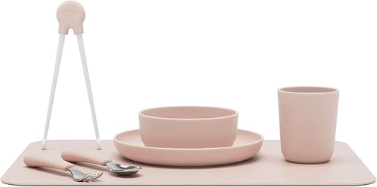 Lalo Big Bites Kids Dinnerware Full Set - Dishwasher Safe, BPA Free, Kids Tableware Set - Includes Stackable Bowl, Plate, Utensils & Cup - 7 Pieces - Grapefruit