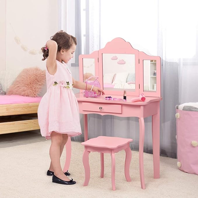 AKUSTIK Kids Vanity, 2 in 1 Wooden Dressing Table and Chair Set with Tri-Folding Mirror, Stool, Storage Drawer, Toddlers Pretend Princess Beauty Playset Toy for Girls