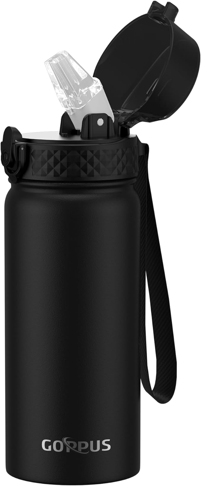 Kids Water Bottle, GOPPUS 18 Oz Stainless Steel Travel Bottle, Double Wall Vacuum Leak Proof Kids Cup for School Boys Girls, Black