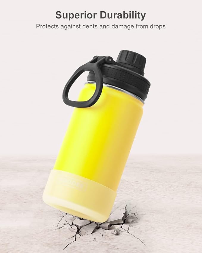 koodee Small Water Bottle for School-12 oz Stainless Steel Triple Wall Vacuum Insulated Wide Mouth Bottle with Leakproof Spout Lid (Yellow)