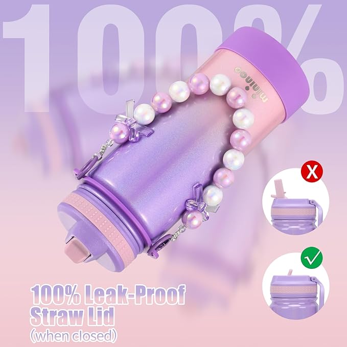 Mininoo Kids Water Bottle for School - 16 oz Stainless Steel Insulated Water Bottle with Ceramic-Lined, Leakproof Straw Lid & Beaded Handle for Girls & Boys