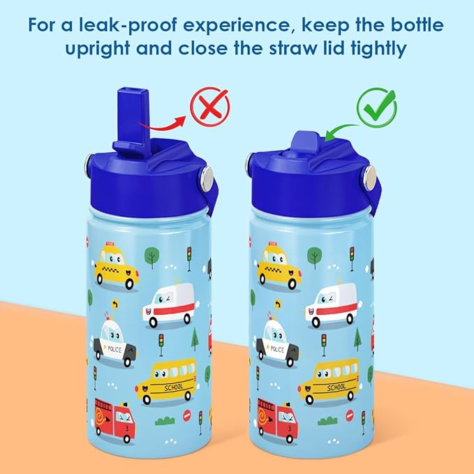 SANDJEST Kids Water Bottle with Straw Lid, Pack of 2 Insulated 12 Oz Stainless Steel Water Bottles for Boys, Travel Cup for School Sports, Construction - Transportation