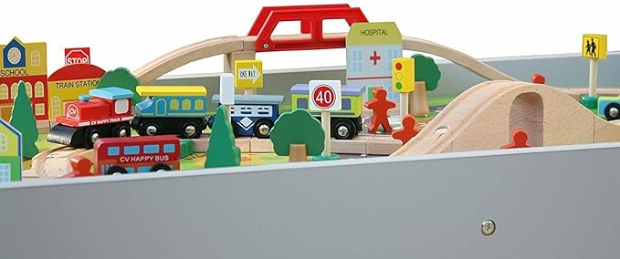 Wooden Train Set with Table 90 Pieces Wooden Kids Activity Toy Table Playset with Reversible Detachable Tabletop, Tracks, Train, Railway, City, Gift for Toddler Boys Girls Ages 3+