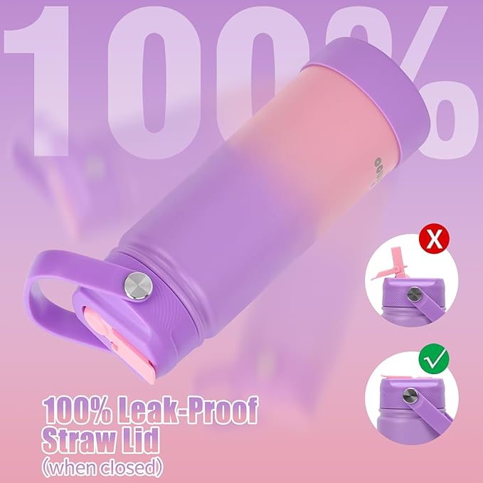 Mininoo Insulated Stainless Steel Kids Water Bottle for School with Straw Lid & Strap, 50 Stickers, 18 oz(Purple/Pink)