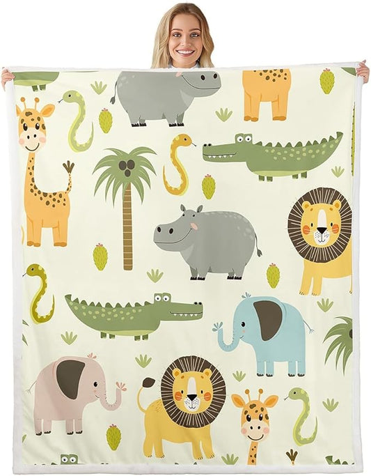 Nursery Cute Wild Animals Fleece Throw Blanket for Girls Boys Kids Cartoon Lion Giraffe Crocodile Plush Blanket Decor Nature Wildlife Sherpa Blanket Zoo Animal Theme Fuzzy Blanket King 87x95 Inch
