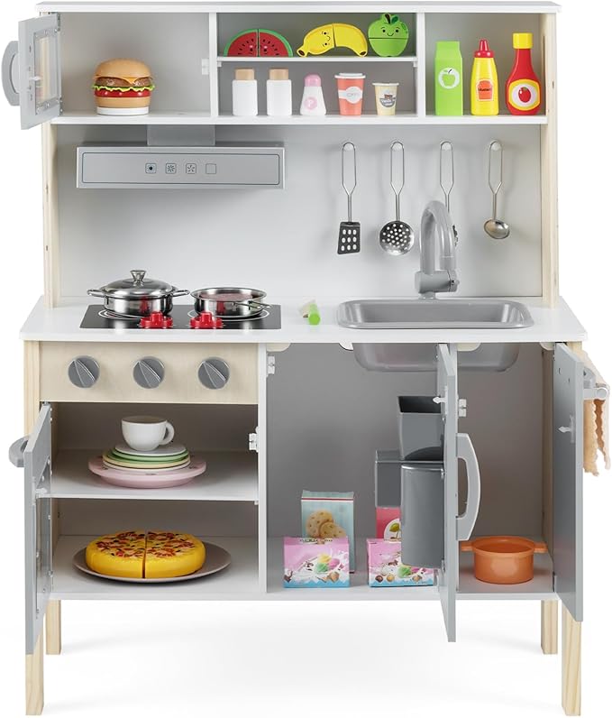 Costzon Kids Kitchen Playset, Wooden Pretend Toddler Kitchen Toy Set w/Sound, Microwave, Oven, Ice Maker, Range Hood, Stoves, Sink & 18 Accessories, Pink Play Kitchen for Girls Ages 3+