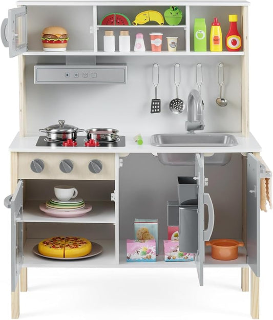 Costzon Kids Kitchen Playset, Wooden Pretend Toddler Kitchen Toy Set w/Sound, Microwave, Oven, Ice Maker, Range Hood, Stoves, Sink & 18 Accessories, Pink Play Kitchen for Girls Ages 3+