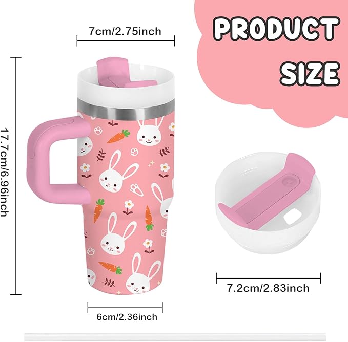 Rabbit Gifts for Kids - 14 Oz Pink Kids Tumbler with Handle and Straw, Stainless Steel Insulated Tumbler, Sweatproof, for Sports, School, Travel - Bunny Lovers Children Birthday Gifts Cups(1pc)