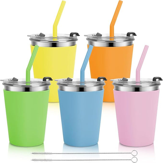 Stainless Steel Kids Cups with Lids and Straws Leakproof, 5 Pack 12oz Spill Proof Cup for Toddlers Kids Tumblers Unbreakable Sippy Cups with Straws for School, Outdoor (Multicolor)