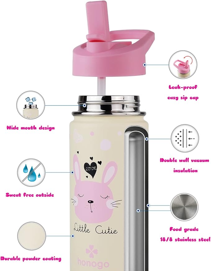 16 oz Stainless Steel Insulated Kids Water Bottle, Leak Proof Metal Thermal Flask with Straw lid, Cute Toddler Tumbler Cup for School Girls & Boys (Pink, Bunny)