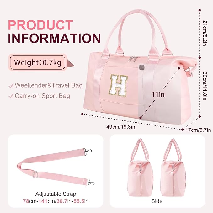 Dance Gym Duffel Bag for Teen Girls, Personalized Initial Travel Weekender Bag,Cute Overnight Carry On Duffle for Women,Sports Travel Cheer Bag,Monogram Christmas Gifts for Tween Preppy(pink-H)