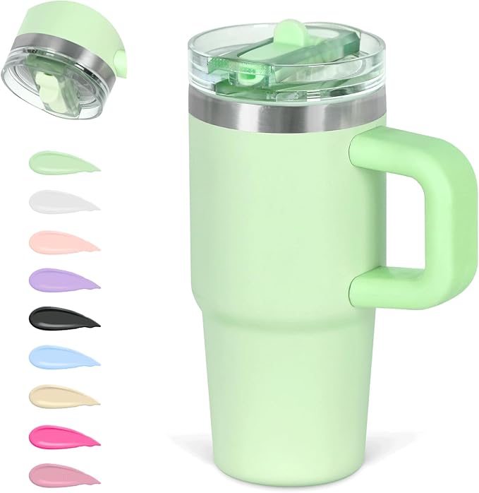 Cosictic 14 Oz Flip Straw Tumbler with Handle for Kids, Stainless Steel Double Wall Insulated Cup for Children with Flip Top Lid, 14 Oz Leak-proof Cups for Kids, Green