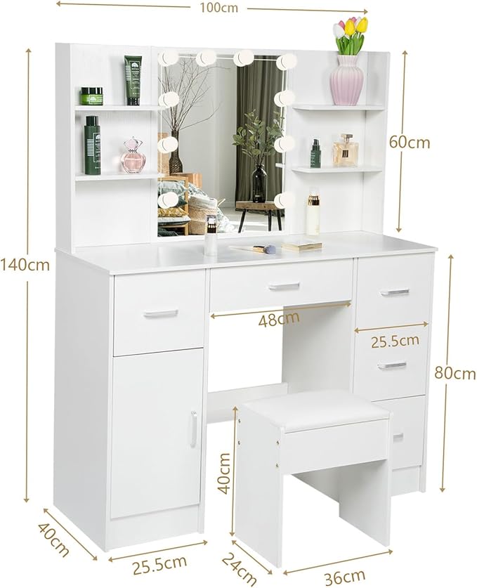 Makeup Vanity Desk with Lighted Mirror, 39.4''W White Vanity with 3-Color Adjustable Brightness, 7 Drawers & Open Shelves, Big Vanity Table for Bedroom, Girls & Women
