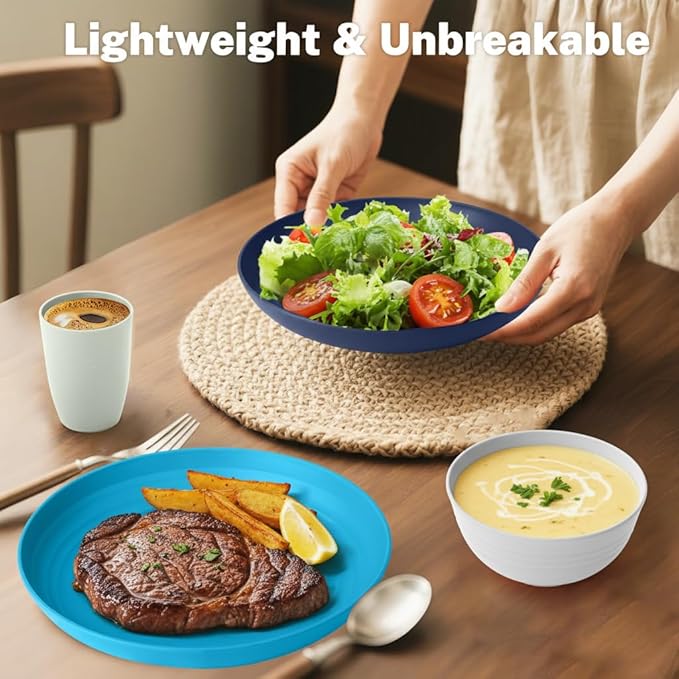 Wheat Straw Dishes Sets for 8, Reusable Plastic Dinnerware Sets 32-Piece, Plates Set, Bowls Set, Tumblers, Microwave Safe Plate and Bowl Set for Dinner,Kitchen, Camping - Island Series