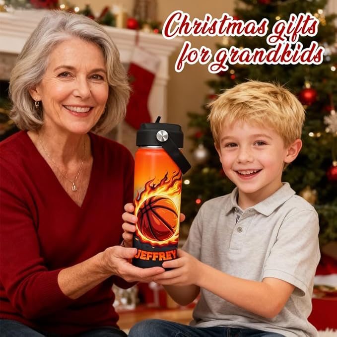 Personalized Kids Water Bottle with Name for School - Custom 18oz Water Bottle with Straw Lid Stainless Steel w/Engraved Names - Personalized Christmas Kids Gifts for Boys Girls (Ball)