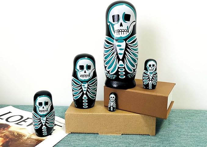 Skull Nesting Dolls - Cute Animal Matryoshka Doll Handmade Wooden Dolls for Children Christmas Birthday Decoration Halloween Wishing Gift