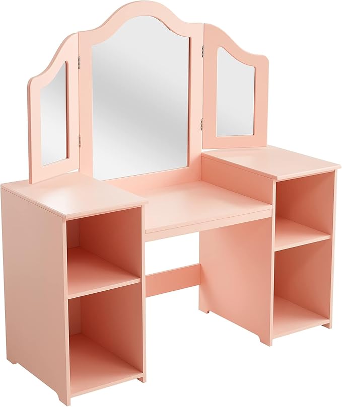 Kids Vanity, 2 in 1 Princess Makeup Vanity Storage Cabinet with Detachable Top, Girls Vanity Set with Tri-fold Mirror, Kids Vanity Set with Mirror Age 3-9 (Pink)