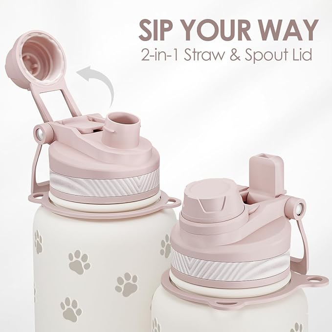 SANDJEST Paw Print Stainless Steel Water Bottle with Strap 32oz, Insulated Bottles with Straw and Spout Lid for Gym Sports Travel Outdoor, Gifts for Women Girls Birthday Christmas