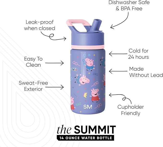Simple Modern Kids Summit Water Bottle with Straw Lid | Peppa Pig 14oz Stainless Steel Cup Insulated Tumbler for Toddlers, School | Peppa Pig Bubbles