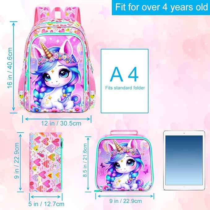 CCJPX 3Pcs Unicorn Backpack for Girls, 16” Kids Bookbag with Lunch Box, Water Resistant Elementary School Bag for Kindergarten Preschool Toddler (Pink)