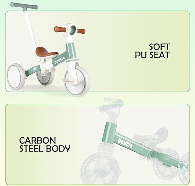 Kids Tricycle for Toddlers 1-3 with Push Handle, 5 in 1 Baby Balance Bike Toy for 1-4 Years Old Boys Girls Gift with Removable Pedals, Mint (No Parent Steering Version)