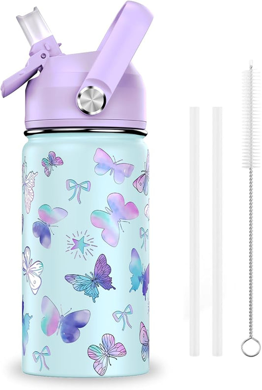 14oz Kids Insulated Water Bottle with Straw Lid - 18/8 Stainless Steel Kid Cup Travel Tumbler Double Wall Vacuum Leak Proof Portable Toddler Water Bottle(Butterfly）