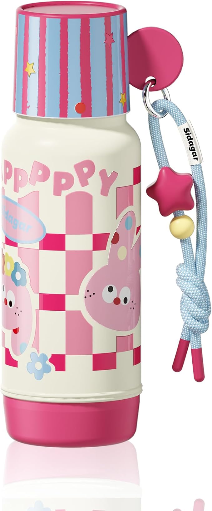 20 oz Cute Tumbler witn Lid and Straw, Insulated Stainless Steel Kids Water Bottle with Strap, Travel Leak Proof Coffee Cup, Rabbit