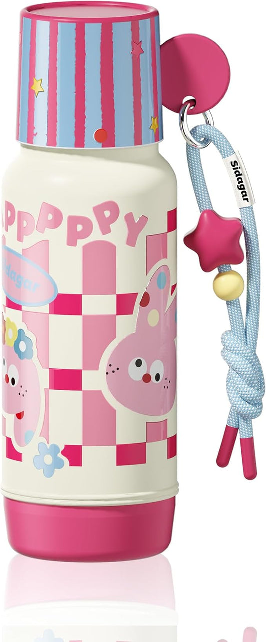 20 oz Cute Tumbler witn Lid and Straw, Insulated Stainless Steel Kids Water Bottle with Strap, Travel Leak Proof Coffee Cup, Rabbit