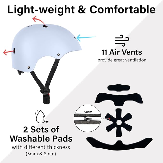 Skateboard Bike Helmet, Lightweight Adjustable, Multi-Sport for Bicycle Skate Scooter, 3 Sizes for Adult Youth & Kids