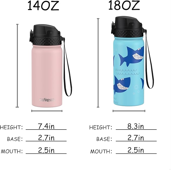 GOPPUS Kids Water Bottle (Straw Lid) - 18 Oz Stainless Steel Travel Bottle, Double Wall Vacuum Leak Proof Kids Cup for School Boys Girls,Iron Shark