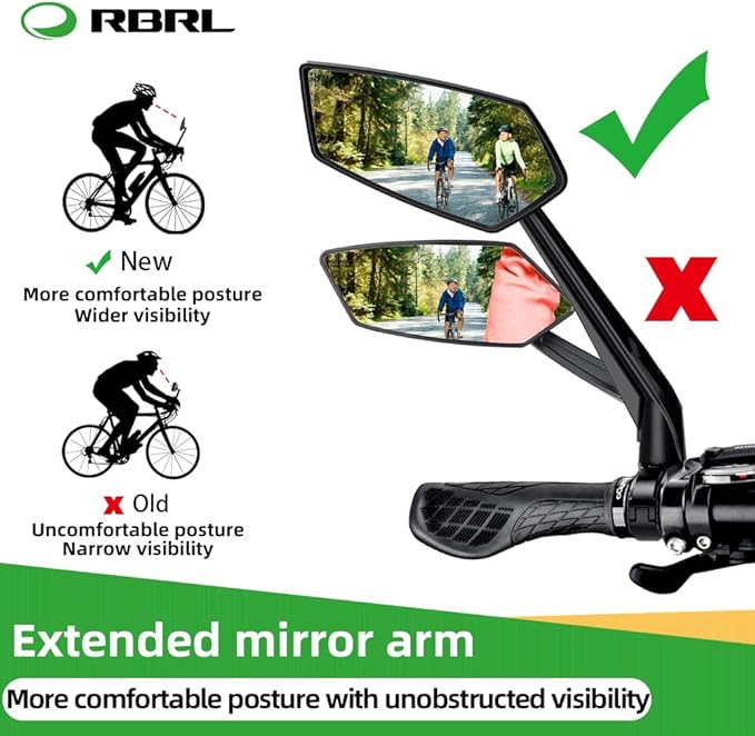 RBRL Bike Mirror Rotatable HD Crystal Clear Glass Bike Mirrors Handlebar Rearview Mirror, Wider View Bicycle Mirrors for electric bike, Scratch Resistant Bike Rear View Mirror(Handlebar-Pair)