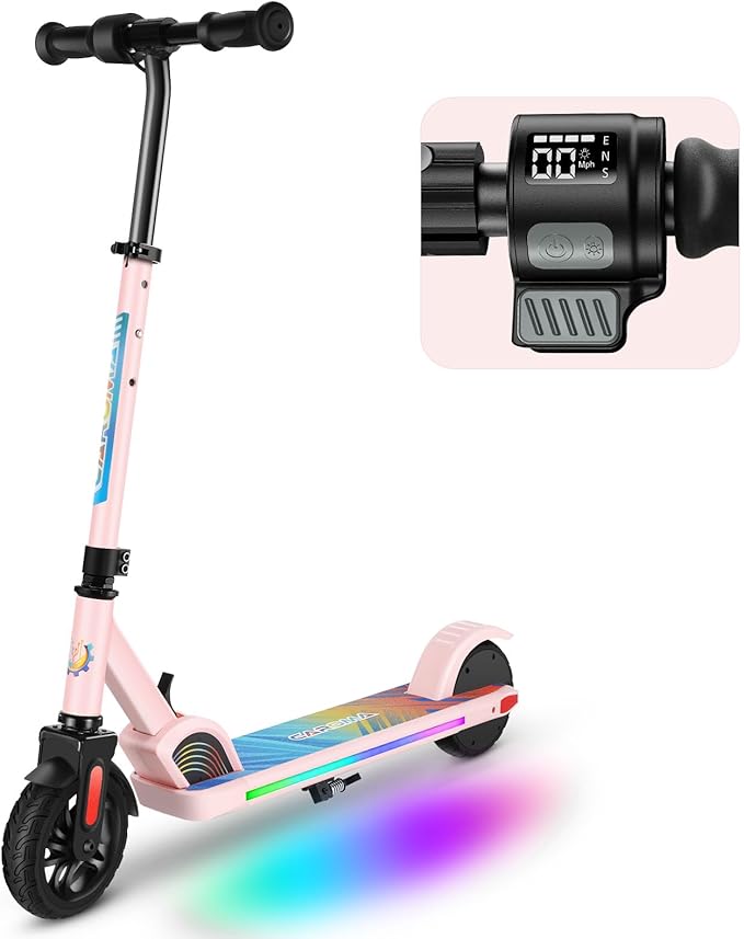 Caroma Electric Scooter for Kids Ages 6-14, 150W/180W Motor,10 MPH Max Speed & 7 Miles,Adjustable Height & Speed,Colorful Lights,LED Display,Foldable Kids Electric Scooter 132 Lbs Max Load