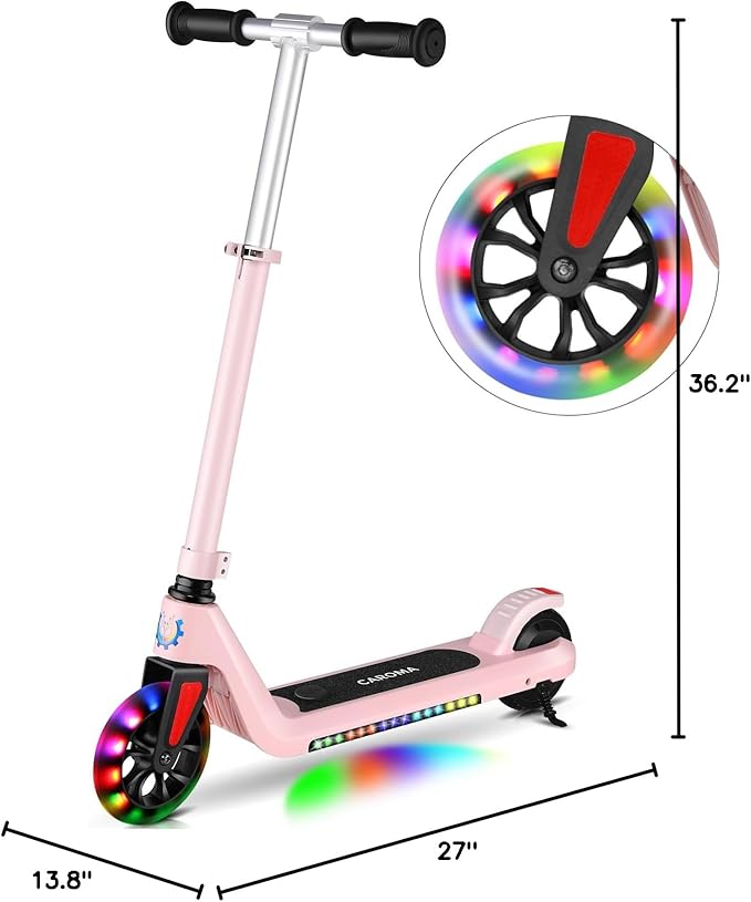 Caroma Electric Scooter for Kids Ages 6-14, 180W/150W Motor & 10 Mph, 85 Mins Ride Time, Adjustable Height & Speed, LED Display & Colorful Lights, Kids Electric Scooter, Best Gifts for Girls and Boy