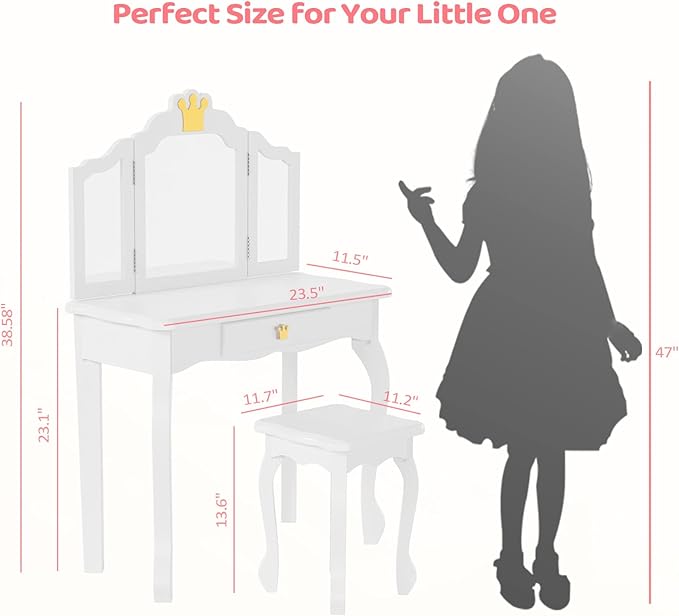 JOYMOR Kids Princess Vanity Table and Chair Set, Kids Vanity Set with Drawer & Tri-Folding Mirror, 2 in 1 Makeup Dressing Table with Detachable Top, Pretend Beauty Play Vanity Set for Girls