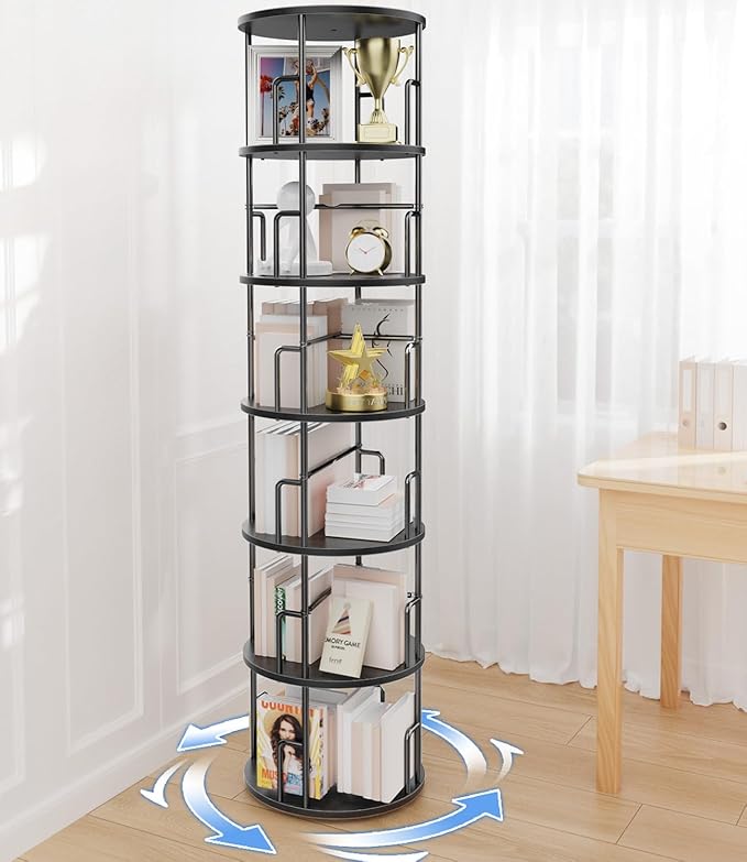 6 Tier Rotating Bookshelf Tower Round Black,74”Tall Spinning Bookshelf Tower Anti-Tipping Design,Metal & Wood Standing Revolving Bookcase Stackable Space Saving for Small Spaces,Study,Living Room