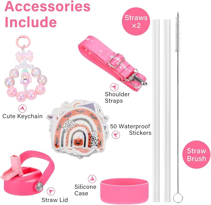 Mininoo Insulated Stainless Steel Kids Water Bottle for School with Straw Lid & Strap, 50 Stickers, 18 oz(Sweat Peach)