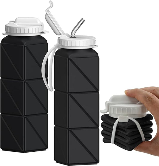 Collapsible Water Bottles with Straw 20.6oz, Silicone Foldable Portable Water Bottle, Lightweight Reusable Leakproof for Travel Camping Hiking Cycling Yoga Sports, 1 Pack (Black)