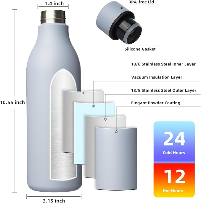 BJPKPK Insulated Water Bottles, 25 oz Stainless Steel Metal Water Bottle with Strap, BPA Free Leak Proof Thermos, Mugs, Flasks, Reusable Water Bottle for Sports & Travel, Mist Grey