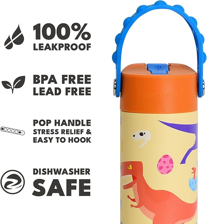 Elemental Insulated Kids Water Bottle, Stainless Steel Water Bottle with Straw Lid & Pop-It Handle, Leak-Proof Water Bottles for School, Boys or Girls, Travelling and Sports, 18oz - Dino Rage