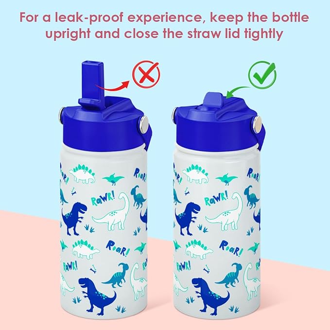 SANDJEST Dinosaur Kids Water Bottle with Straw Lid, Pack of 2 Insulated 12 Oz Stainless Steel Water Bottles for Boys, Travel Cup for School Sports