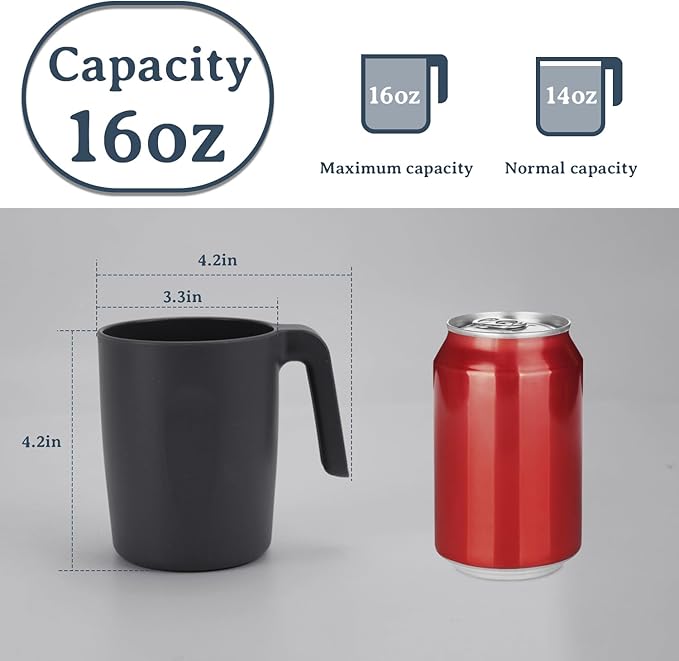 16oz Wheat Straw Cups with handles set of 6-Plastic Cups Reusable-Unbreakable Kids Mugs-Dishwasher Safe & Microwave Safe-Ideal Plastic Mugs for Tea,Coffee,Camping,RV-Black