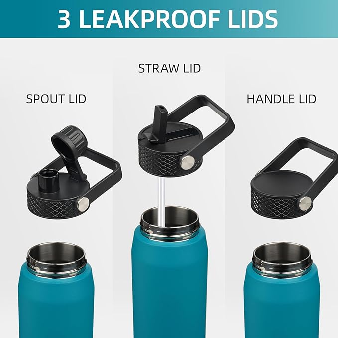 25oz Insulated Stainless Steel Water Bottle with Straw and 3 Lids, BPA-Free Sports Water Bottle,travel water bottle,Lake Blue