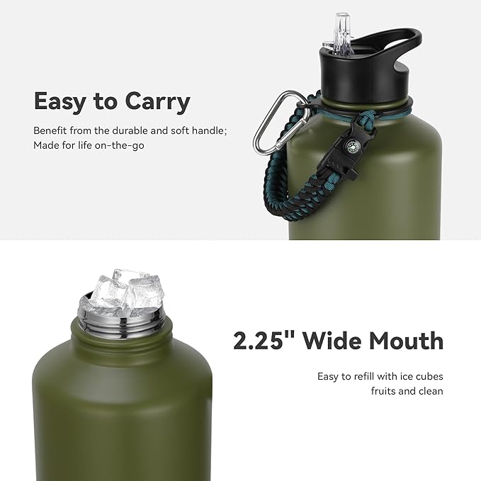 64 oz Insulated Water Bottle with Straw & Spout Lids, Stainless Steel Metal Half Gallon Water Jug with Paracord Handle, Double Wall Vacuum, Leakproof, Keep Drinks Cold & Hot, Army Green