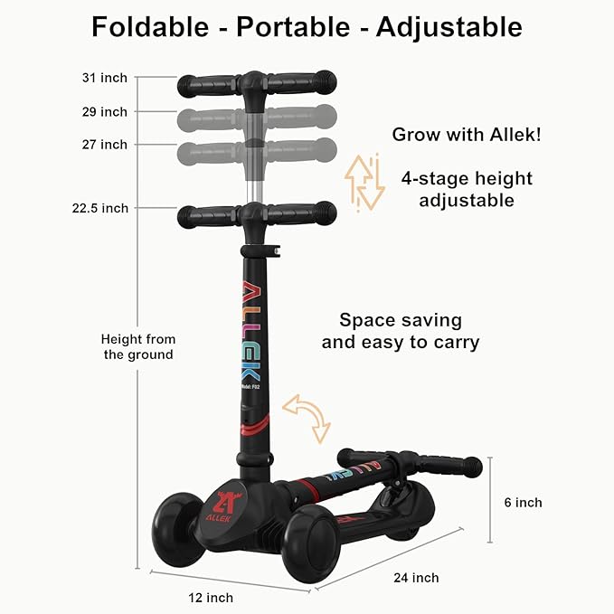 Allek Kick Scooter Foldable F02, 3-Wheel LED Flashing Glider and 4 Adjustable Height with Anti-Slip Thick Deck Push Scooter for Children 3-12yrs