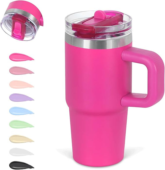 Cosictic 14 Oz Flip Straw Tumbler with Handle for Kids, Stainless Steel Double Wall Insulated Cup for Children with Flip Top Lid, 14 Oz Leak-proof Cups for Kids, Hot Pink