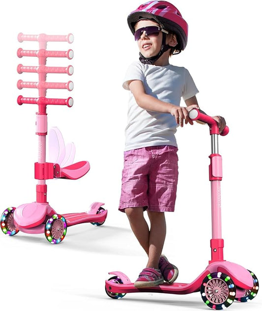 2-in-1 Adjustable Kick Scooter for Kids 3-5 (Suitable 3-12 Years),5-Level Handlebar & Removable Seat, LED Light-Up Wheels, Wide Deck, Foldable Design for Indoor/Outdoor Use - Girls & Boys