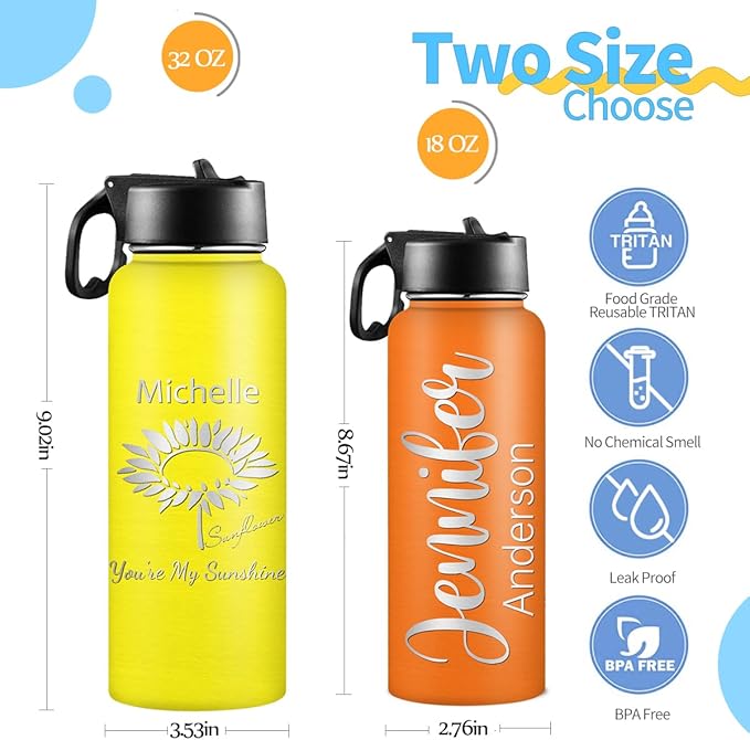 M YESCUSTOM Personalized Water Bottles with Straw Lid Custom Stainless Steel Sports Water Bottle with Name Thermos Double Wall Insulated Cup Customized Gifts for Women Men Kids School Travel Style 03
