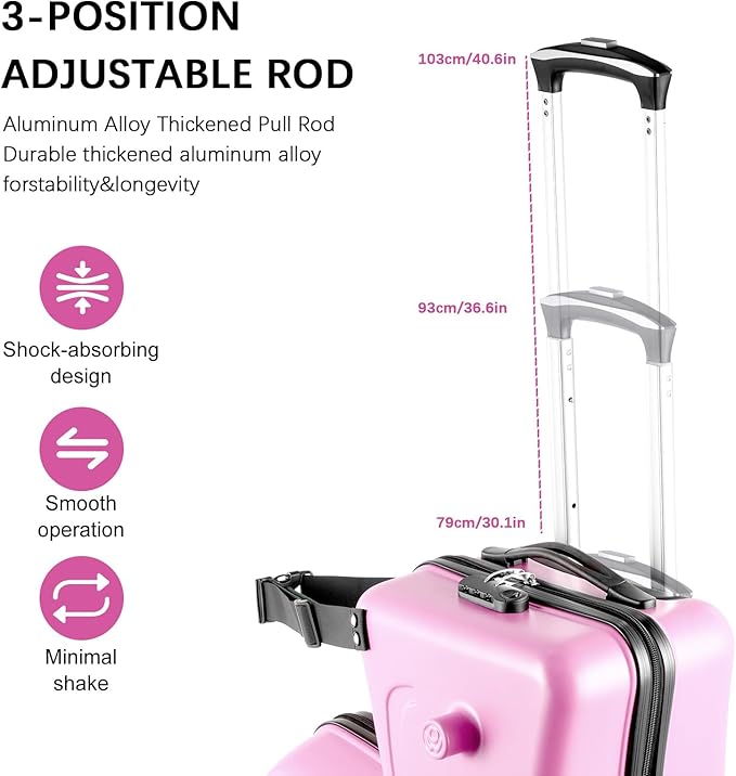 20 Inch Ride On Kids Suitcase with Wheels, Ride on Luggage with Pedal, Hardshell Kids Suitcase Adjustable Safe Harness, ABS+PC, Up To 100 Lbs, Pink